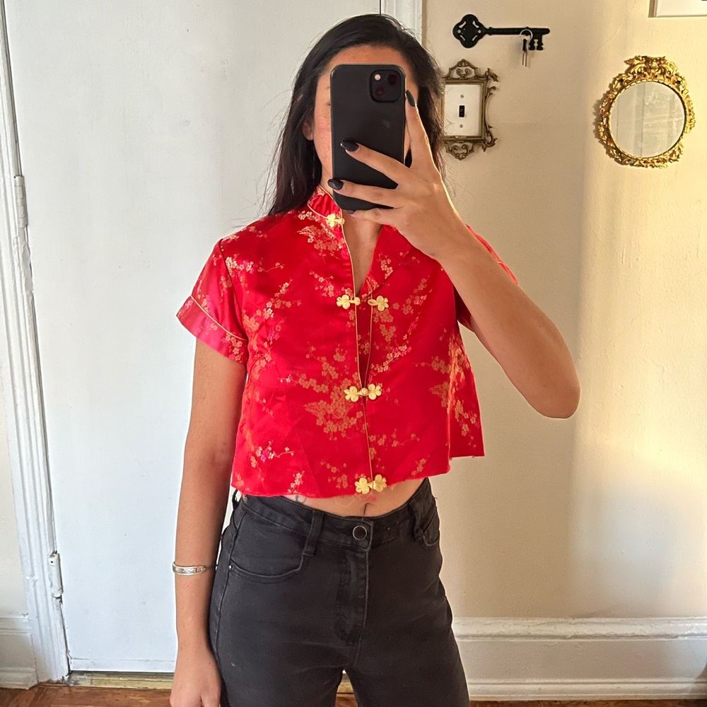 Cropped Traditional Silk Asian Short Sleeve Floral Top Blouse